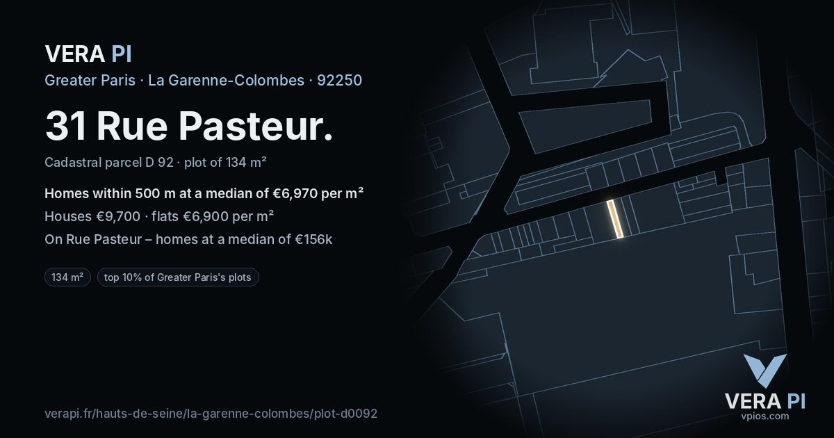 31 Rue Pasteur, La Garenne-Colombes at night – the plot lit, the parcels around coloured by the prices near them