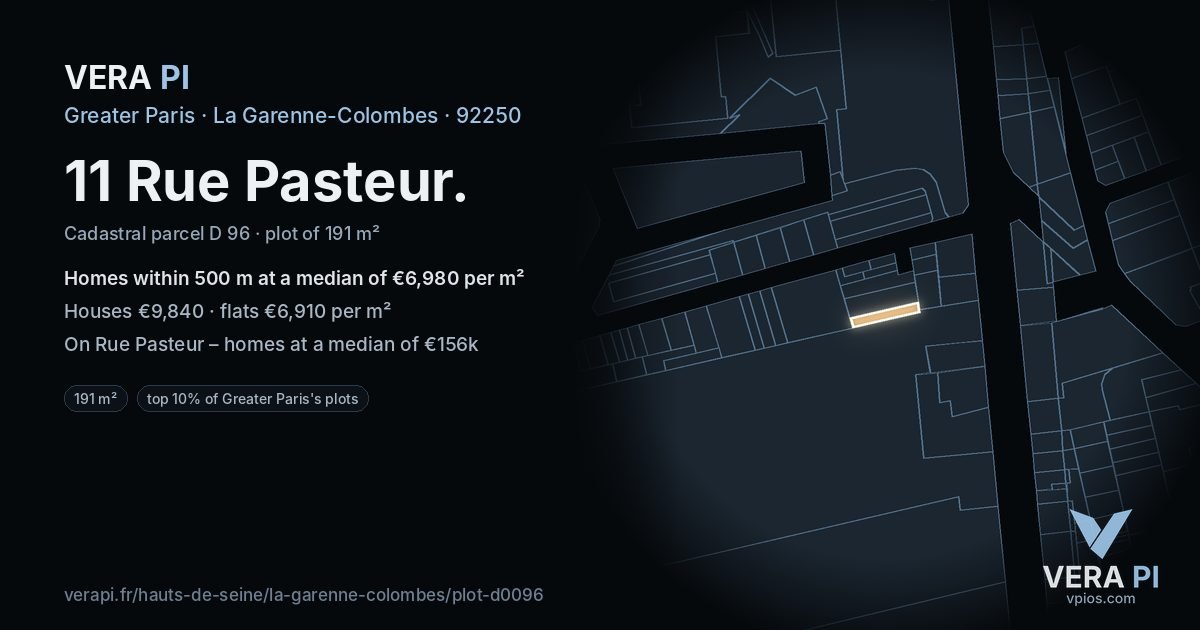 11 Rue Pasteur, La Garenne-Colombes at night – the plot lit, the parcels around coloured by the prices near them
