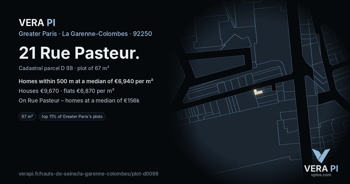 21 Rue Pasteur, La Garenne-Colombes at night – the plot lit, the parcels around coloured by the prices near them