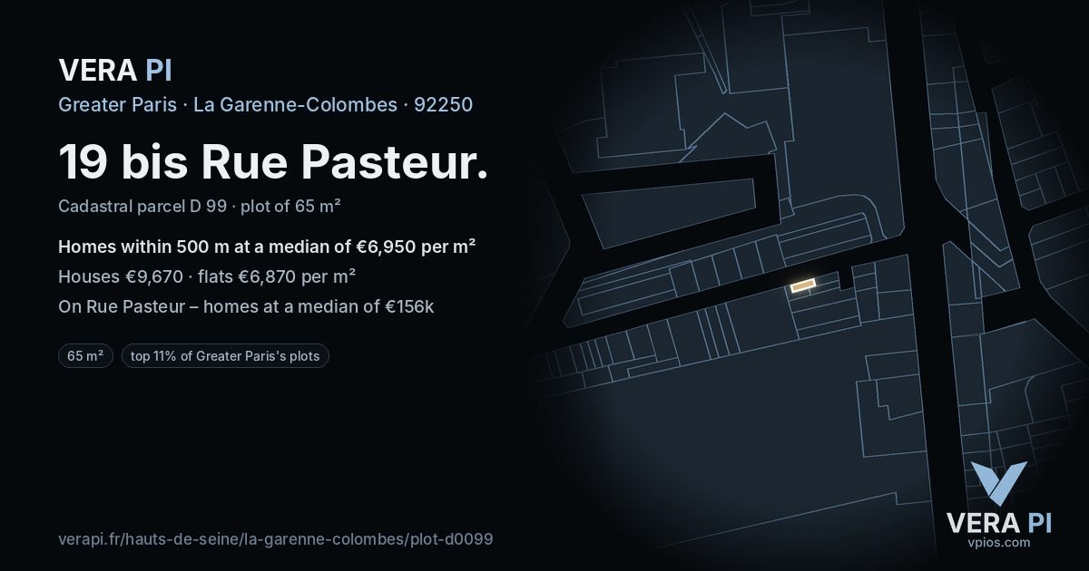 19 bis Rue Pasteur, La Garenne-Colombes at night – the plot lit, the parcels around coloured by the prices near them