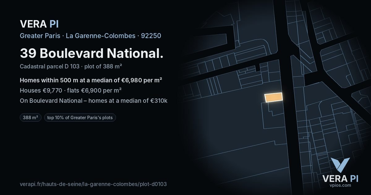 39 Boulevard National, La Garenne-Colombes at night – the plot lit, the parcels around coloured by the prices near them