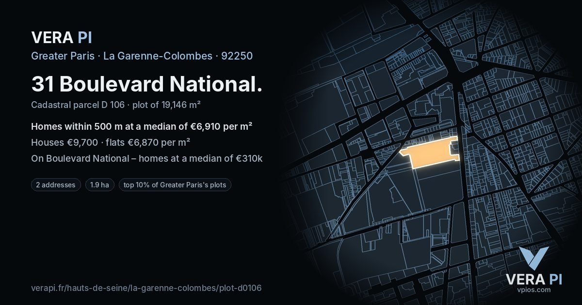 31 Boulevard National, La Garenne-Colombes at night – the plot lit, the parcels around coloured by the prices near them