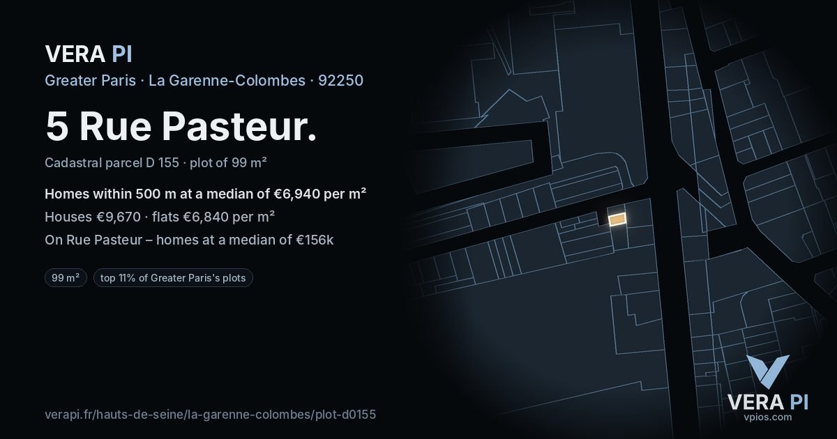 5 Rue Pasteur, La Garenne-Colombes at night – the plot lit, the parcels around coloured by the prices near them