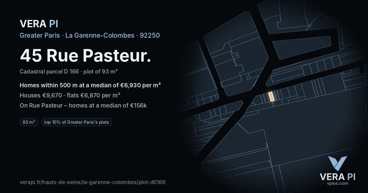 45 Rue Pasteur, La Garenne-Colombes at night – the plot lit, the parcels around coloured by the prices near them