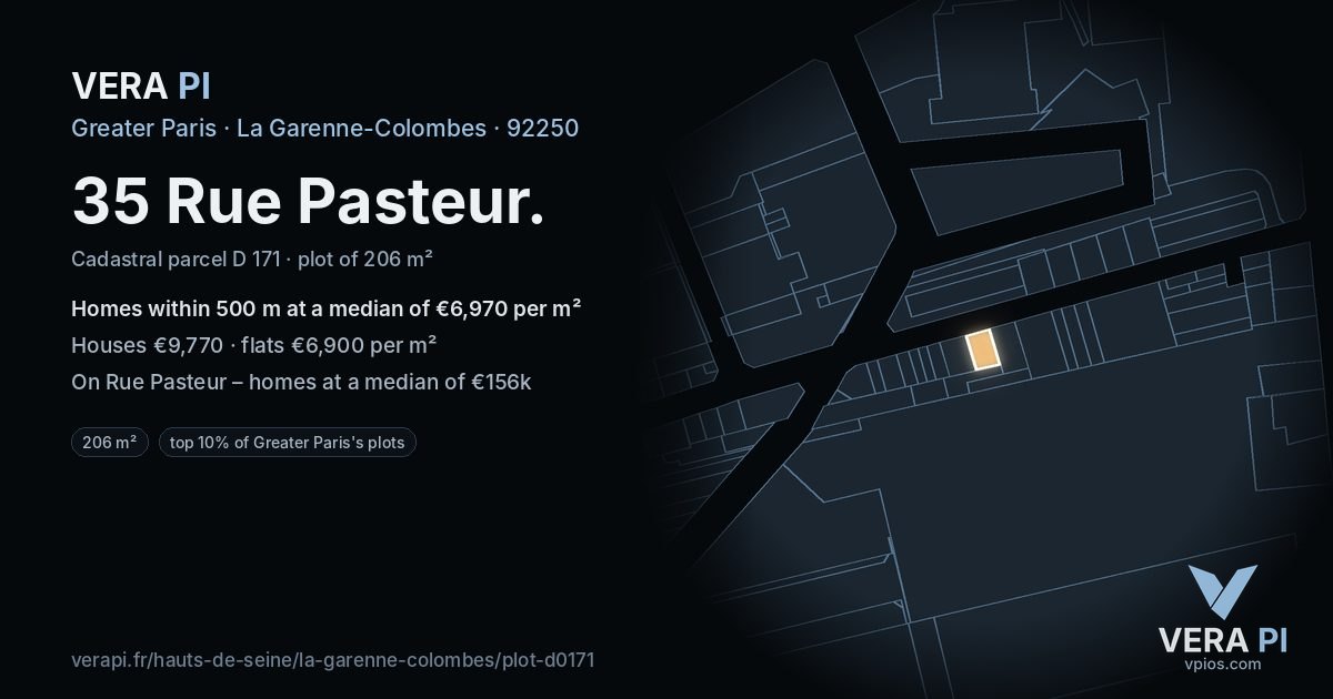 35 Rue Pasteur, La Garenne-Colombes at night – the plot lit, the parcels around coloured by the prices near them