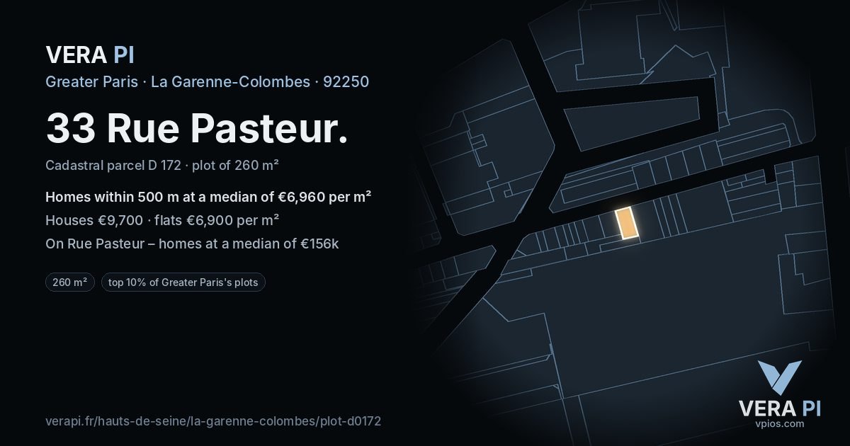 33 Rue Pasteur, La Garenne-Colombes at night – the plot lit, the parcels around coloured by the prices near them