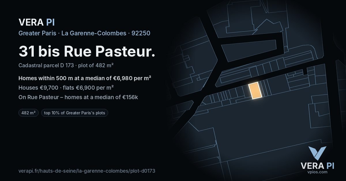 31 bis Rue Pasteur, La Garenne-Colombes at night – the plot lit, the parcels around coloured by the prices near them
