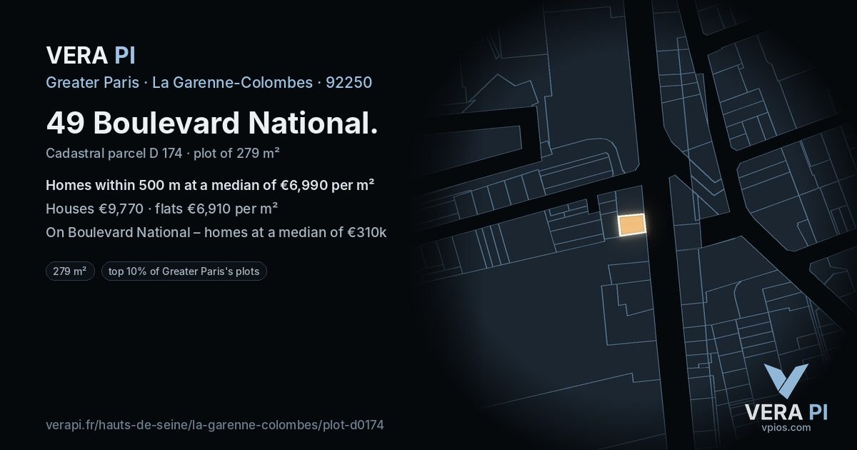49 Boulevard National, La Garenne-Colombes at night – the plot lit, the parcels around coloured by the prices near them