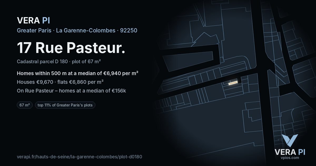 17 Rue Pasteur, La Garenne-Colombes at night – the plot lit, the parcels around coloured by the prices near them