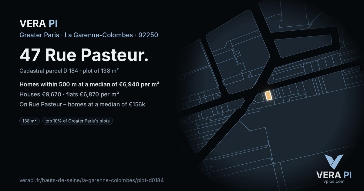 47 Rue Pasteur, La Garenne-Colombes at night – the plot lit, the parcels around coloured by the prices near them