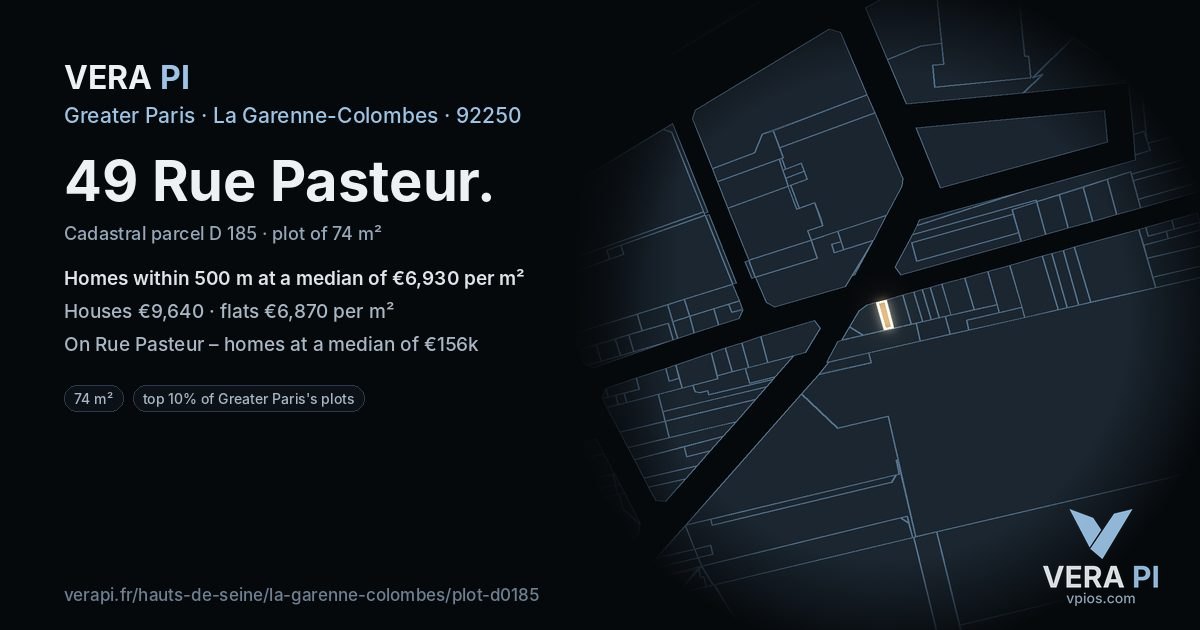 49 Rue Pasteur, La Garenne-Colombes at night – the plot lit, the parcels around coloured by the prices near them