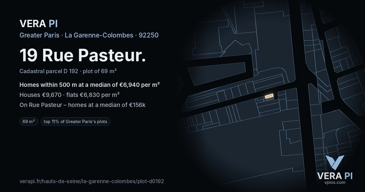 19 Rue Pasteur, La Garenne-Colombes at night – the plot lit, the parcels around coloured by the prices near them