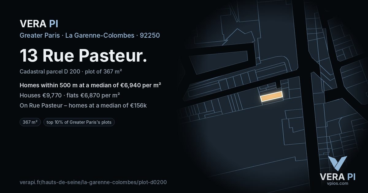 13 Rue Pasteur, La Garenne-Colombes at night – the plot lit, the parcels around coloured by the prices near them