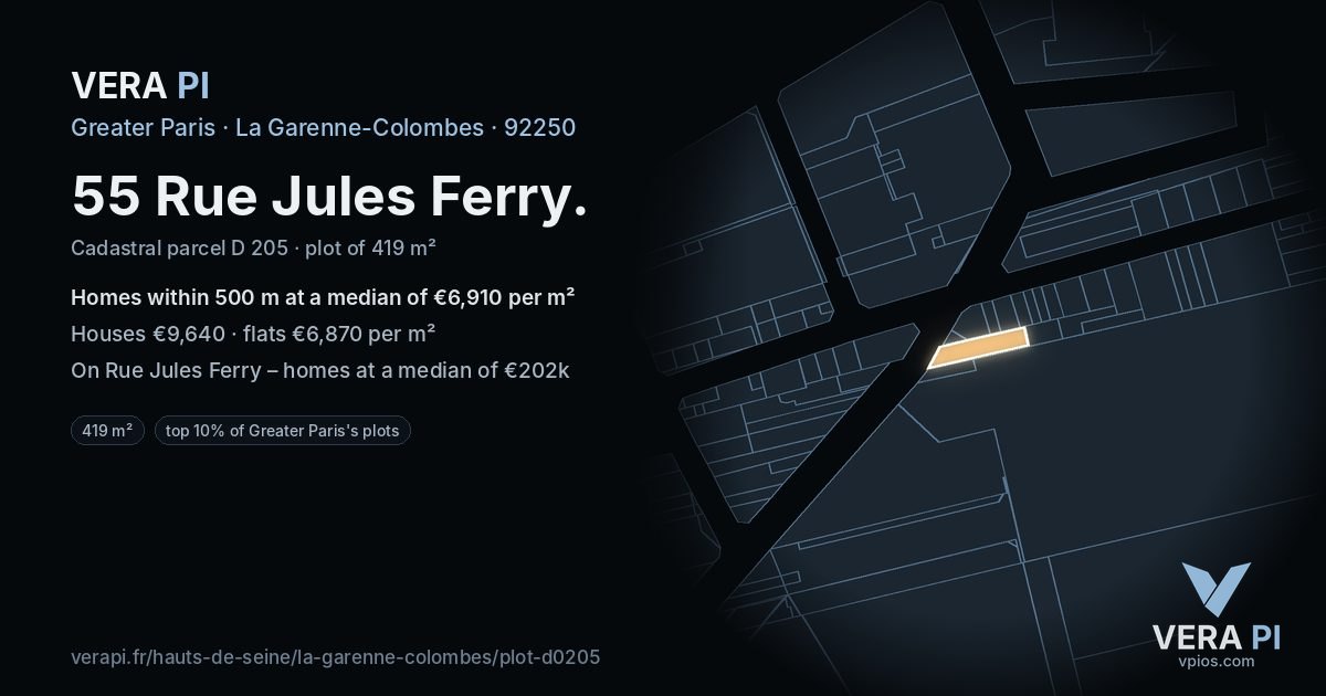 55 Rue Jules Ferry, La Garenne-Colombes at night – the plot lit, the parcels around coloured by the prices near them