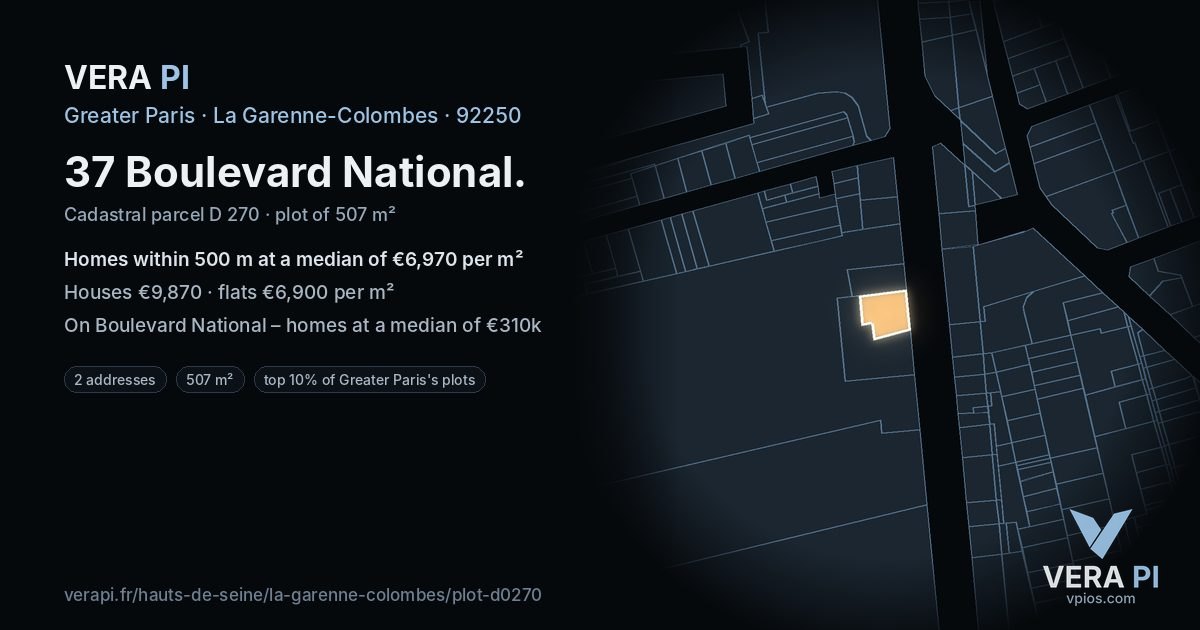 37 Boulevard National, La Garenne-Colombes at night – the plot lit, the parcels around coloured by the prices near them