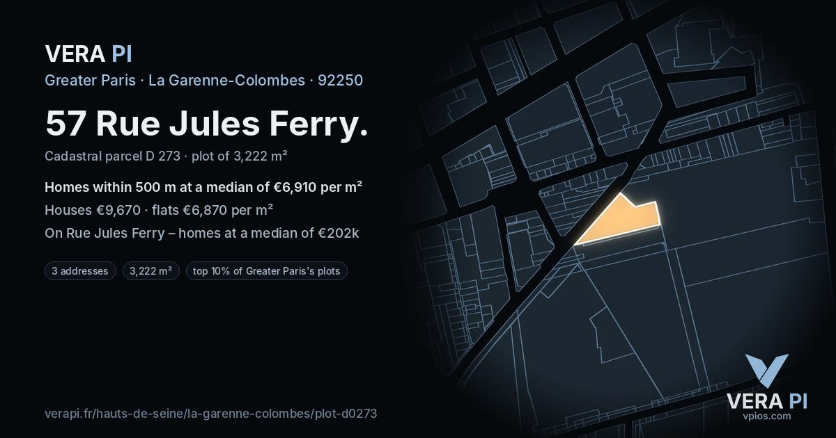 57 Rue Jules Ferry, La Garenne-Colombes at night – the plot lit, the parcels around coloured by the prices near them