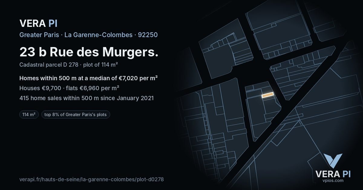 23 b Rue des Murgers, La Garenne-Colombes at night – the plot lit, the parcels around coloured by the prices near them