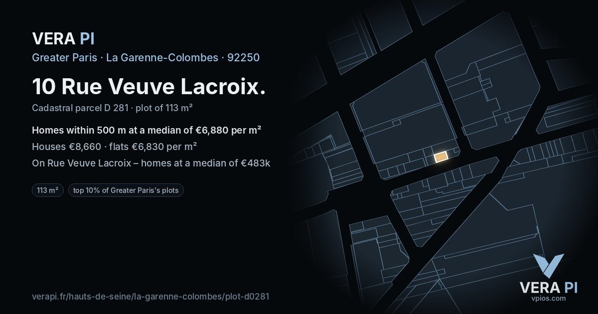 10 Rue Veuve Lacroix, La Garenne-Colombes at night – the plot lit, the parcels around coloured by the prices near them