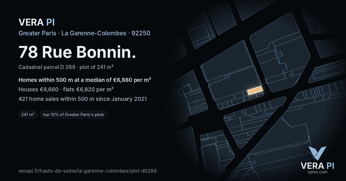 78 Rue Bonnin, La Garenne-Colombes at night – the plot lit, the parcels around coloured by the prices near them