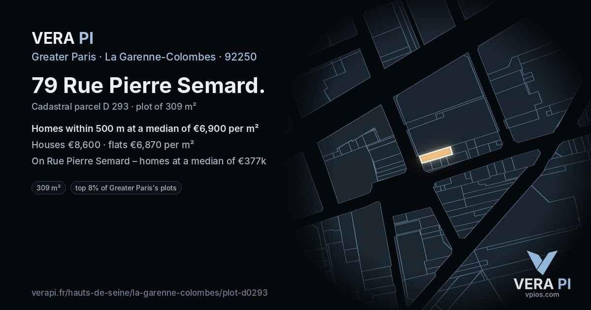 79 Rue Pierre Semard, La Garenne-Colombes at night – the plot lit, the parcels around coloured by the prices near them