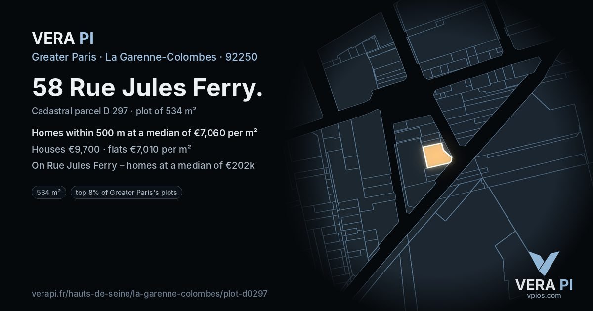 58 Rue Jules Ferry, La Garenne-Colombes at night – the plot lit, the parcels around coloured by the prices near them
