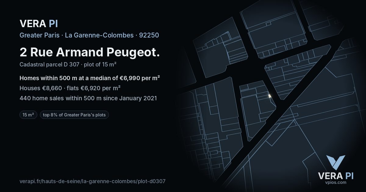 2 Rue Armand Peugeot, La Garenne-Colombes at night – the plot lit, the parcels around coloured by the prices near them