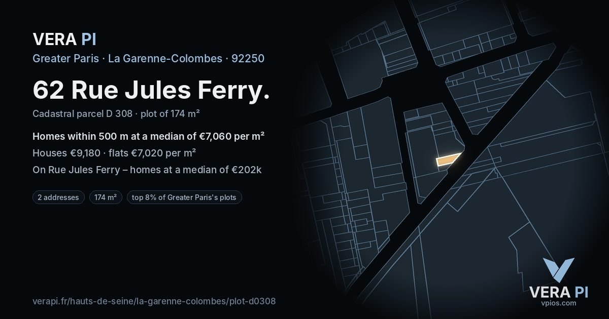 62 Rue Jules Ferry, La Garenne-Colombes at night – the plot lit, the parcels around coloured by the prices near them