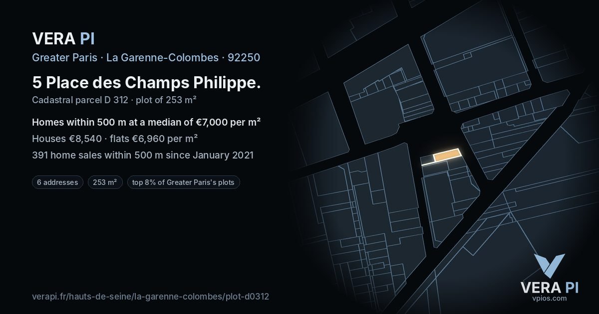 5 Place des Champs Philippe, La Garenne-Colombes at night – the plot lit, the parcels around coloured by the prices near them