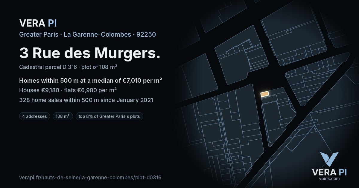 3 Rue des Murgers, La Garenne-Colombes at night – the plot lit, the parcels around coloured by the prices near them
