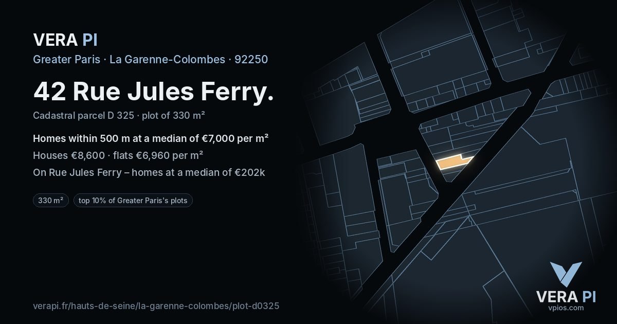 42 Rue Jules Ferry, La Garenne-Colombes at night – the plot lit, the parcels around coloured by the prices near them