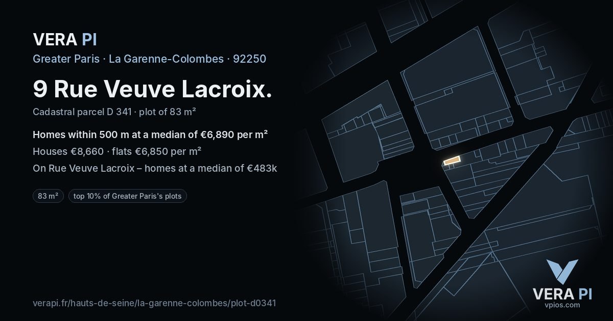9 Rue Veuve Lacroix, La Garenne-Colombes at night – the plot lit, the parcels around coloured by the prices near them