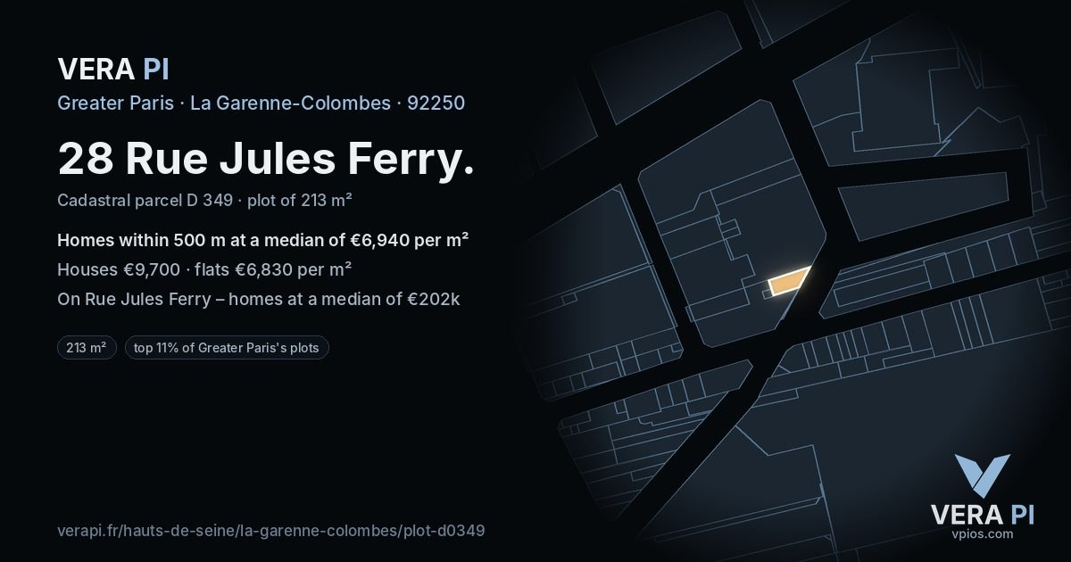 28 Rue Jules Ferry, La Garenne-Colombes at night – the plot lit, the parcels around coloured by the prices near them