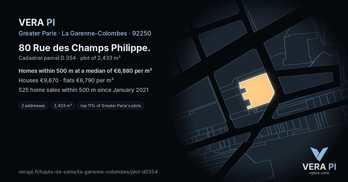 80 Rue des Champs Philippe, La Garenne-Colombes at night – the plot lit, the parcels around coloured by the prices near them