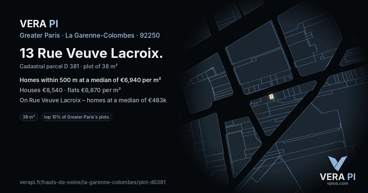 13 Rue Veuve Lacroix, La Garenne-Colombes at night – the plot lit, the parcels around coloured by the prices near them