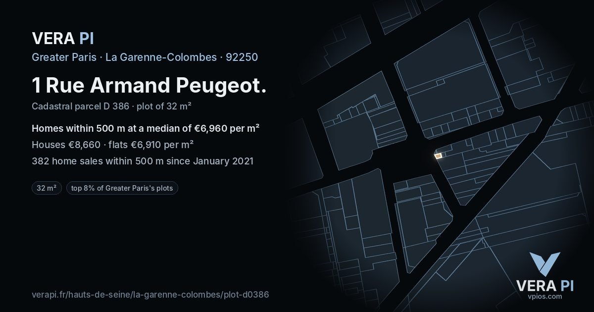 1 Rue Armand Peugeot, La Garenne-Colombes at night – the plot lit, the parcels around coloured by the prices near them
