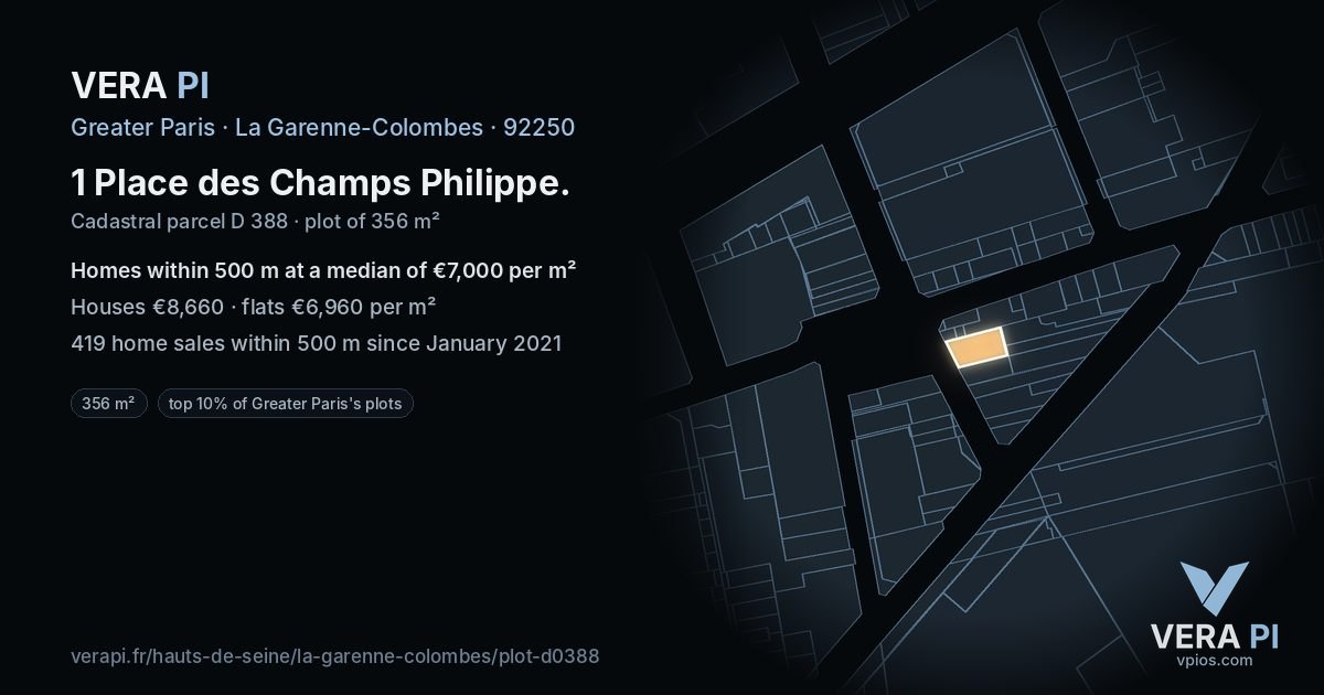 1 Place des Champs Philippe, La Garenne-Colombes at night – the plot lit, the parcels around coloured by the prices near them