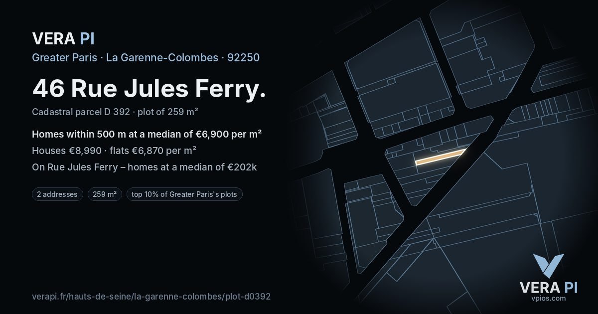 46 Rue Jules Ferry, La Garenne-Colombes at night – the plot lit, the parcels around coloured by the prices near them