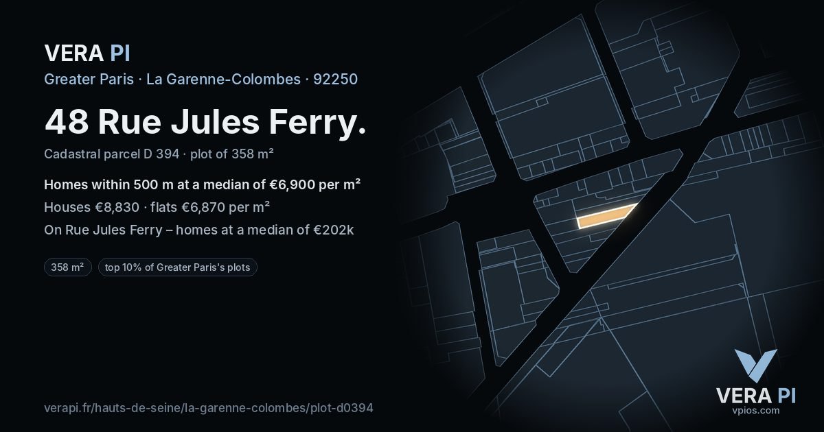 48 Rue Jules Ferry, La Garenne-Colombes at night – the plot lit, the parcels around coloured by the prices near them