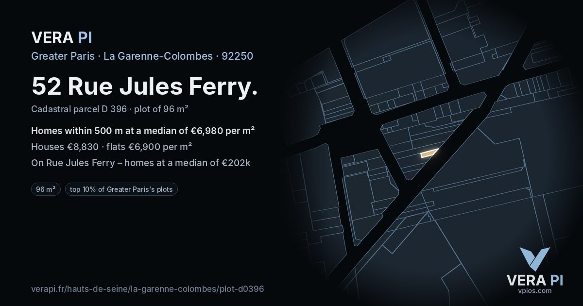 52 Rue Jules Ferry, La Garenne-Colombes at night – the plot lit, the parcels around coloured by the prices near them