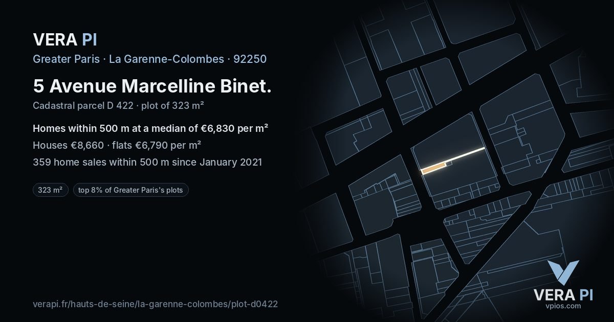 5 Avenue Marcelline Binet, La Garenne-Colombes at night – the plot lit, the parcels around coloured by the prices near them