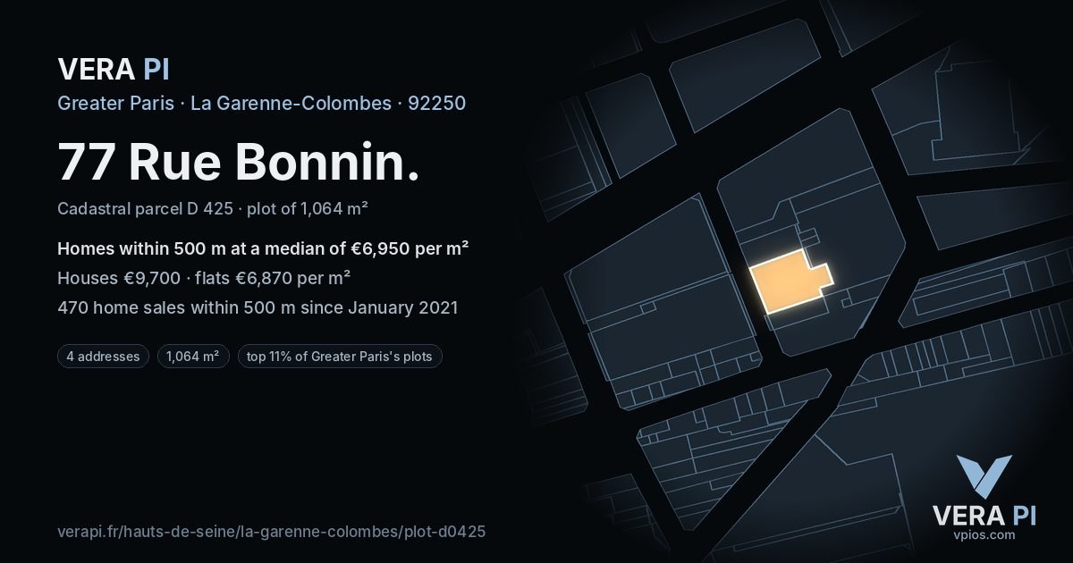 77 Rue Bonnin, La Garenne-Colombes at night – the plot lit, the parcels around coloured by the prices near them