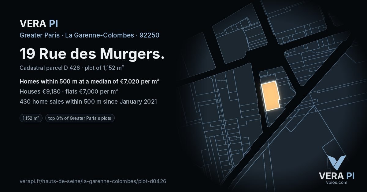 19 Rue des Murgers, La Garenne-Colombes at night – the plot lit, the parcels around coloured by the prices near them
