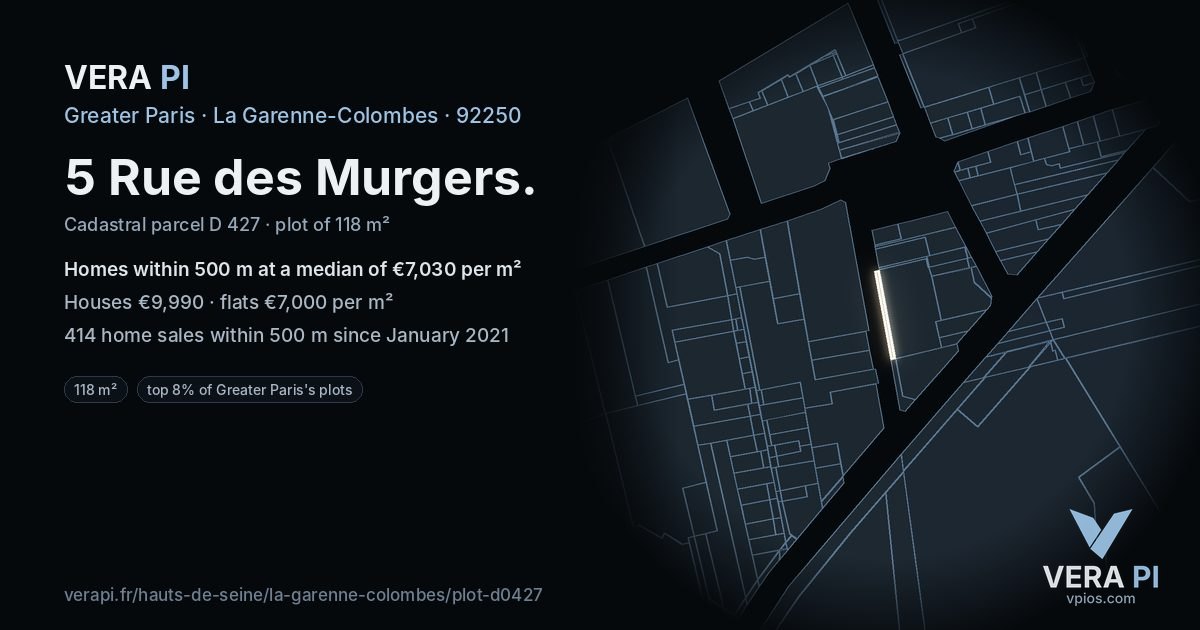 5 Rue des Murgers, La Garenne-Colombes at night – the plot lit, the parcels around coloured by the prices near them