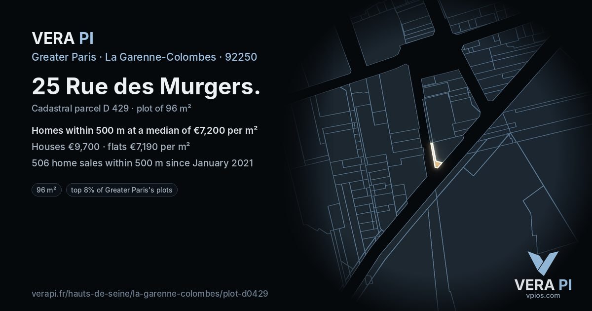 25 Rue des Murgers, La Garenne-Colombes at night – the plot lit, the parcels around coloured by the prices near them