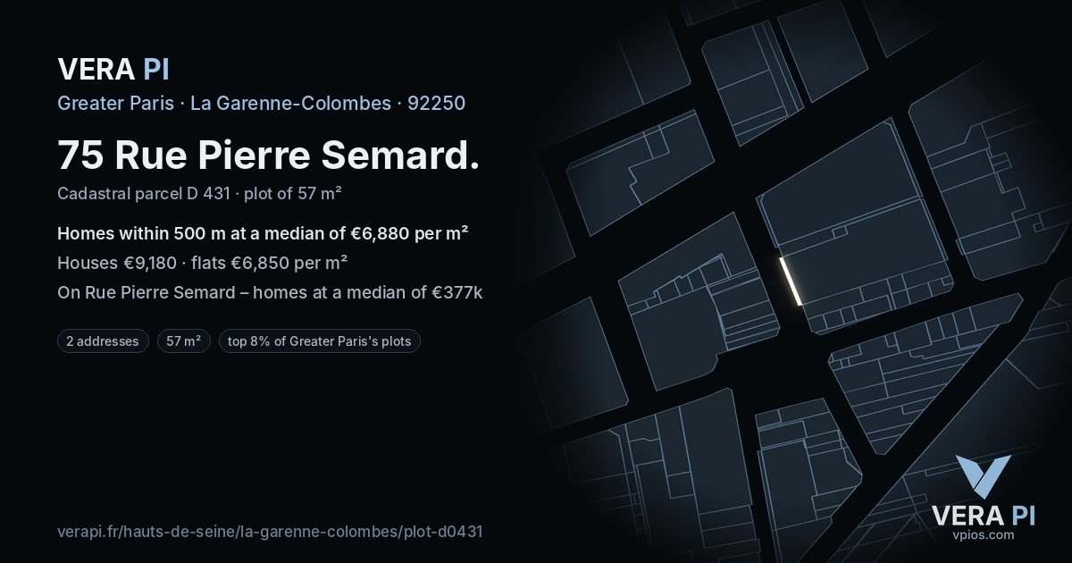 75 Rue Pierre Semard, La Garenne-Colombes at night – the plot lit, the parcels around coloured by the prices near them