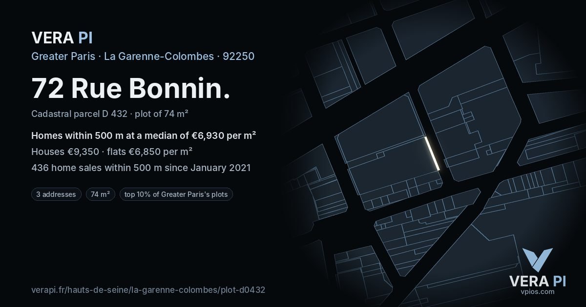 72 Rue Bonnin, La Garenne-Colombes at night – the plot lit, the parcels around coloured by the prices near them