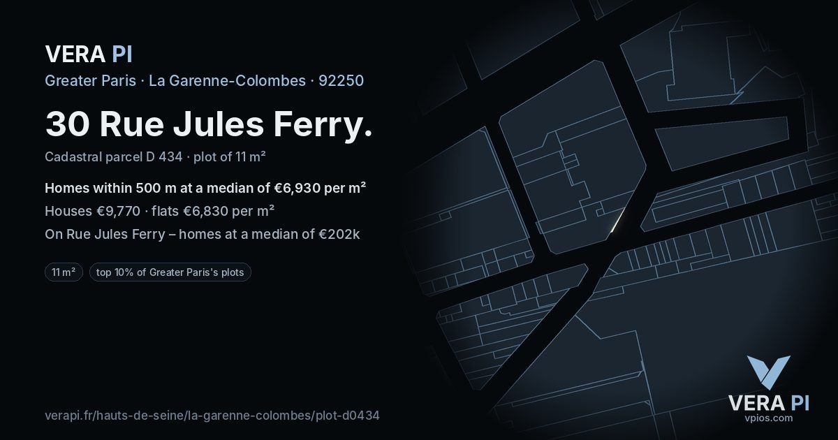 30 Rue Jules Ferry, La Garenne-Colombes at night – the plot lit, the parcels around coloured by the prices near them