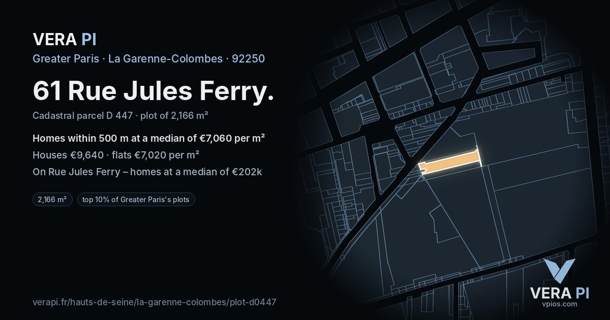 61 Rue Jules Ferry, La Garenne-Colombes at night – the plot lit, the parcels around coloured by the prices near them