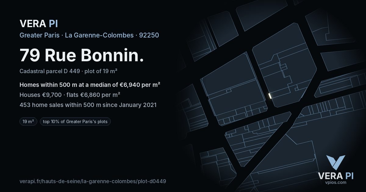 79 Rue Bonnin, La Garenne-Colombes at night – the plot lit, the parcels around coloured by the prices near them