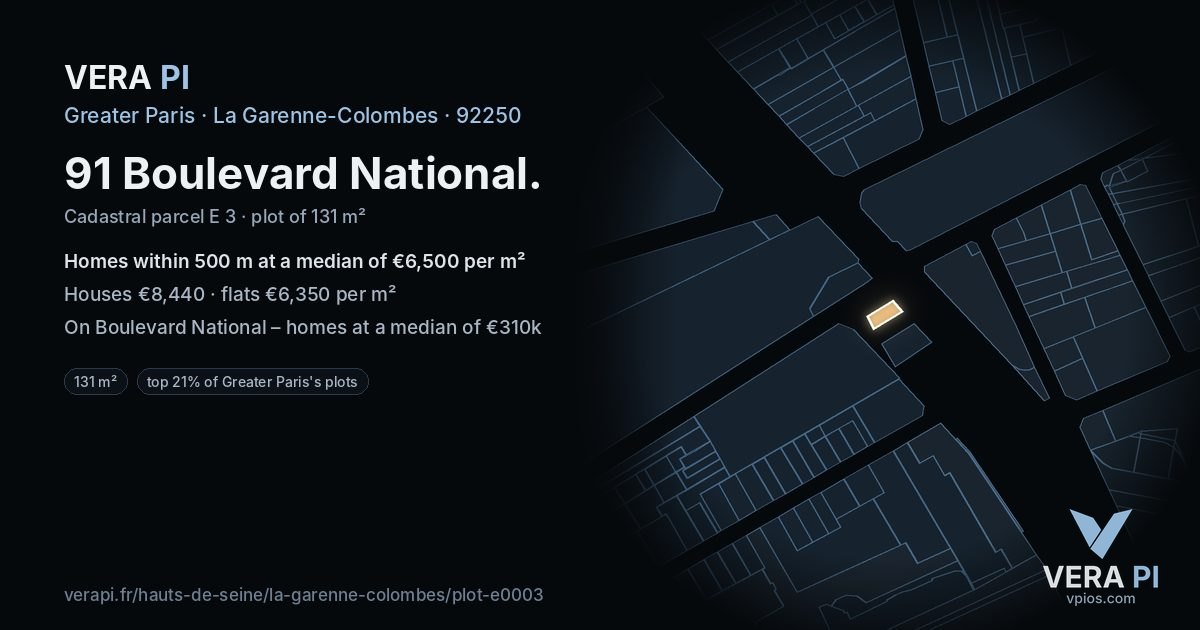 91 Boulevard National, La Garenne-Colombes at night – the plot lit, the parcels around coloured by the prices near them